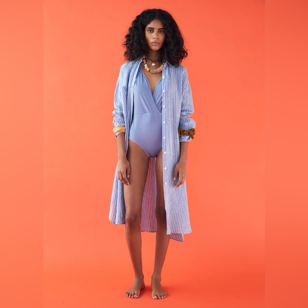 Zara Oversized Striped Linen Shirt Dress, Blue/White, XS, 100% Linen